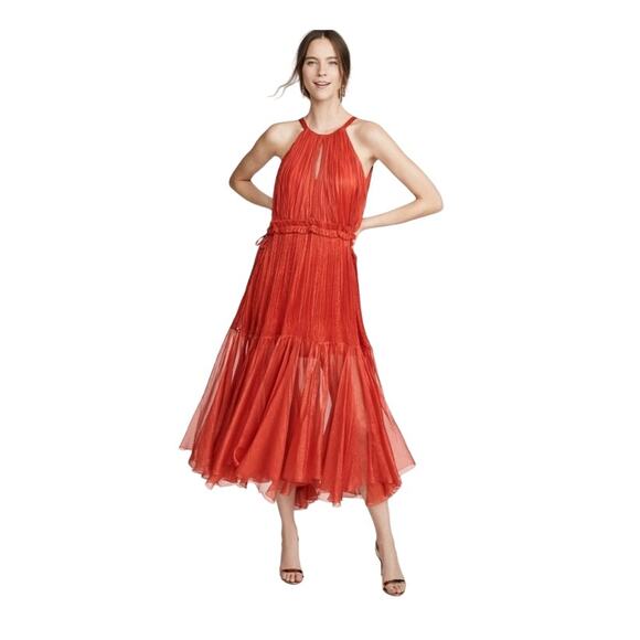 MARIA LUCIA HOHAN Maella Silk Tent Dress Red Chiffon Ruffled Plisse Halter Gown - Picture 15 of 16